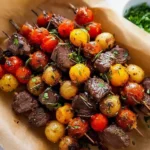 Delicious rosemary garlic steak kebabs on skewers ready for grilling