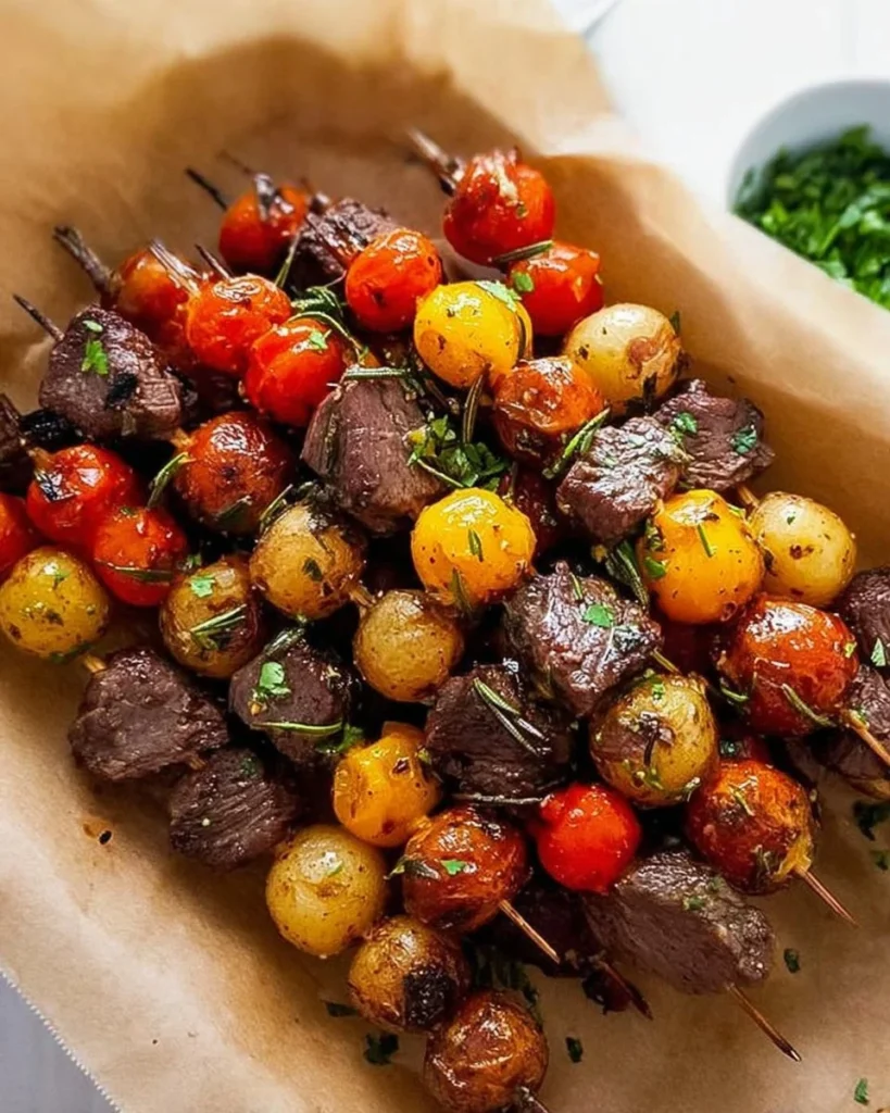 Delicious rosemary garlic steak kebabs on skewers ready for grilling