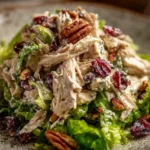 Delicious rotisserie chicken salad served in a bowl with fresh vegetables