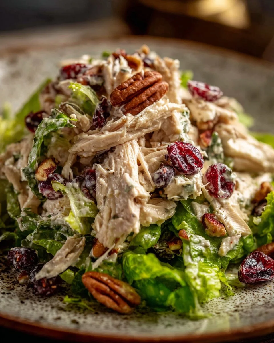 Delicious rotisserie chicken salad served in a bowl with fresh vegetables