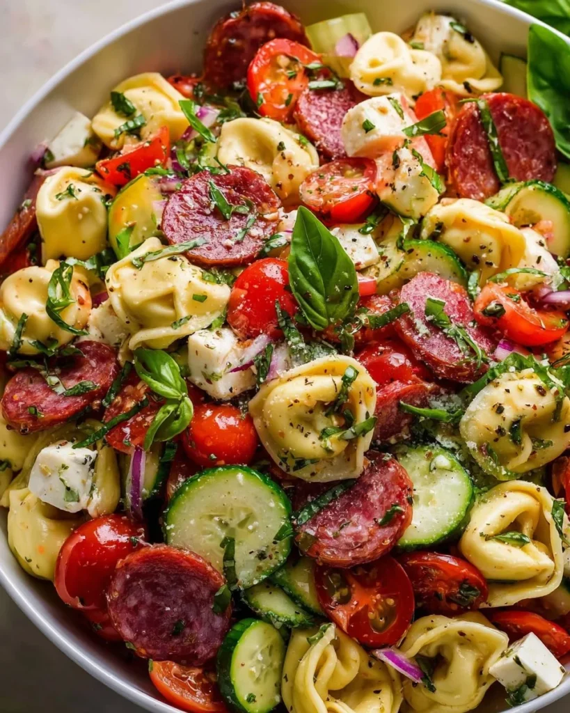 Salami-Mozzarella Tortellini Pasta Salad on a serving plate
