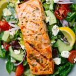 Delicious Salmon Greek Salad with Lemon Basil Dressing served in a bowl.
