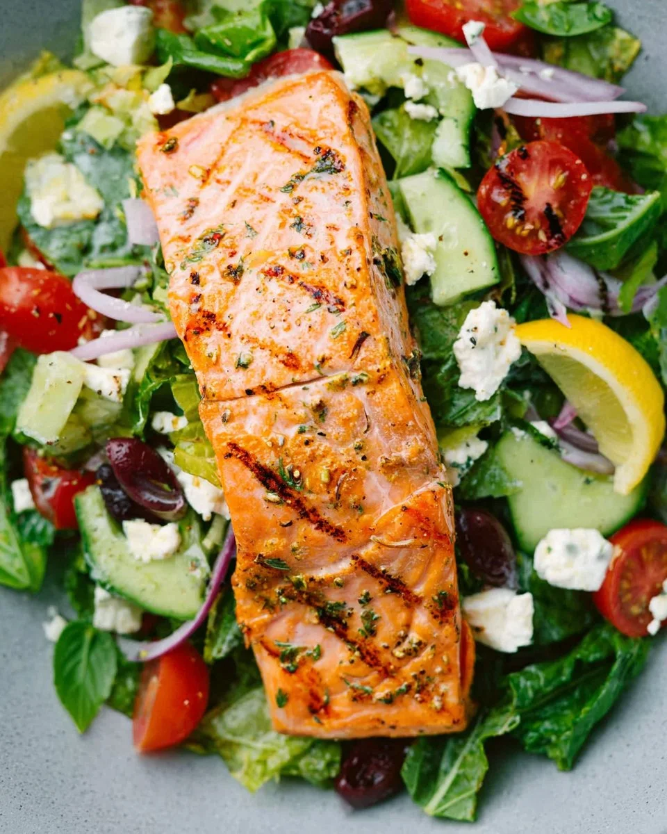 Delicious Salmon Greek Salad with Lemon Basil Dressing served in a bowl.