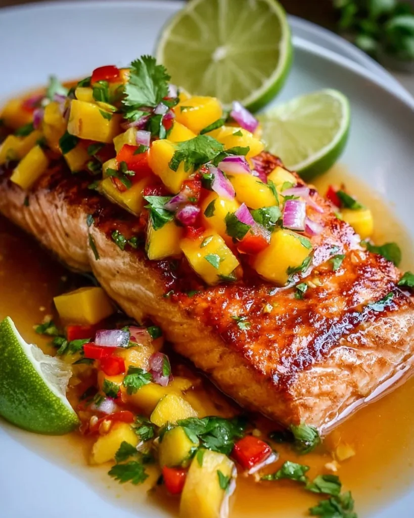Delicious salmon with vibrant mango salsa served on a plate.