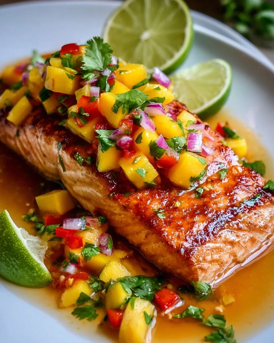 Delicious salmon with vibrant mango salsa served on a plate.