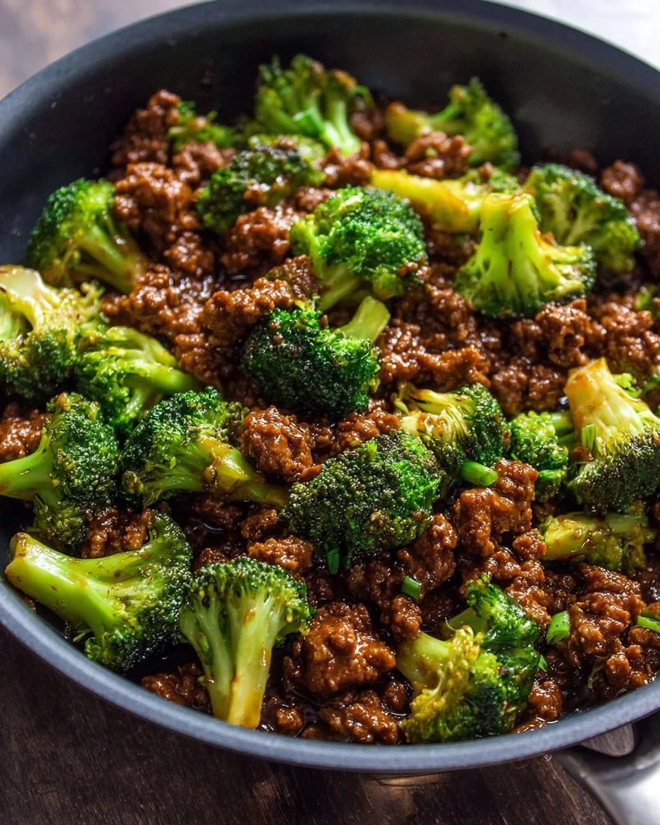 Savory dish of ground beef and broccoli served on a plate