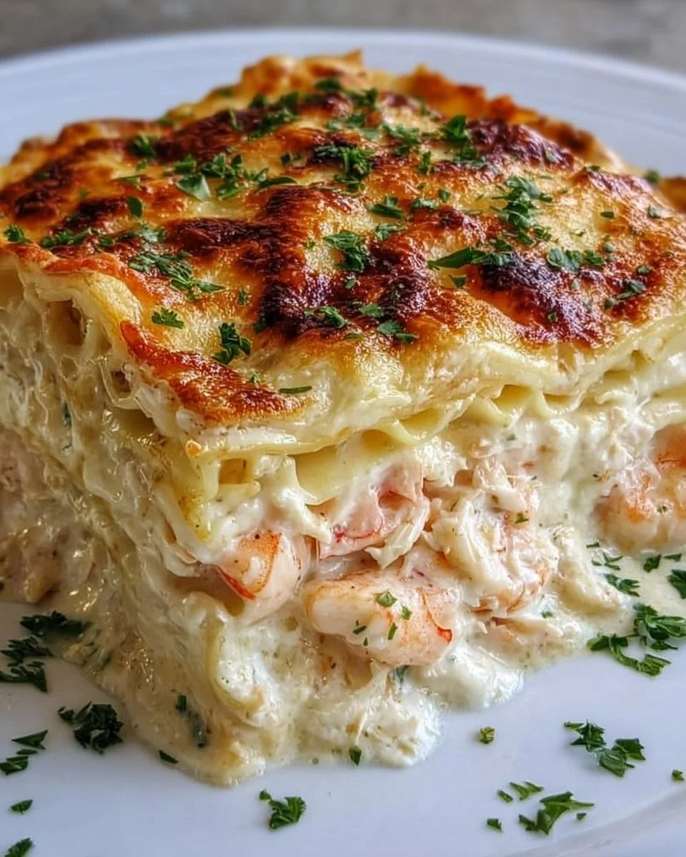 Delicious seafood lasagna featuring shrimp and crab in a creamy sauce