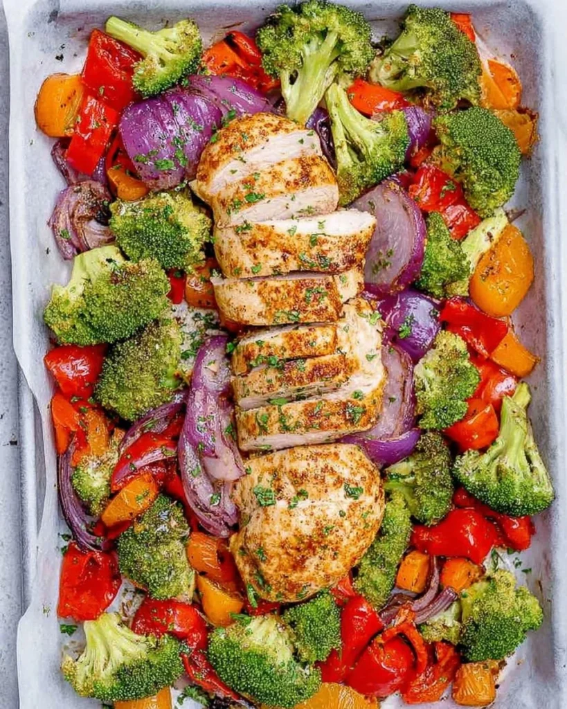 Sheet pan baked chicken breast with colorful veggies on a serving plate