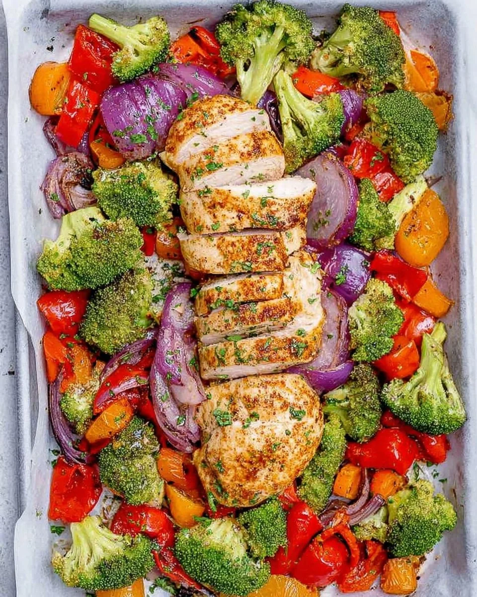 Sheet pan baked chicken breast with colorful veggies on a serving plate