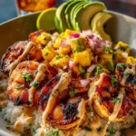 Colorful shrimp avocado bowl with mango salsa