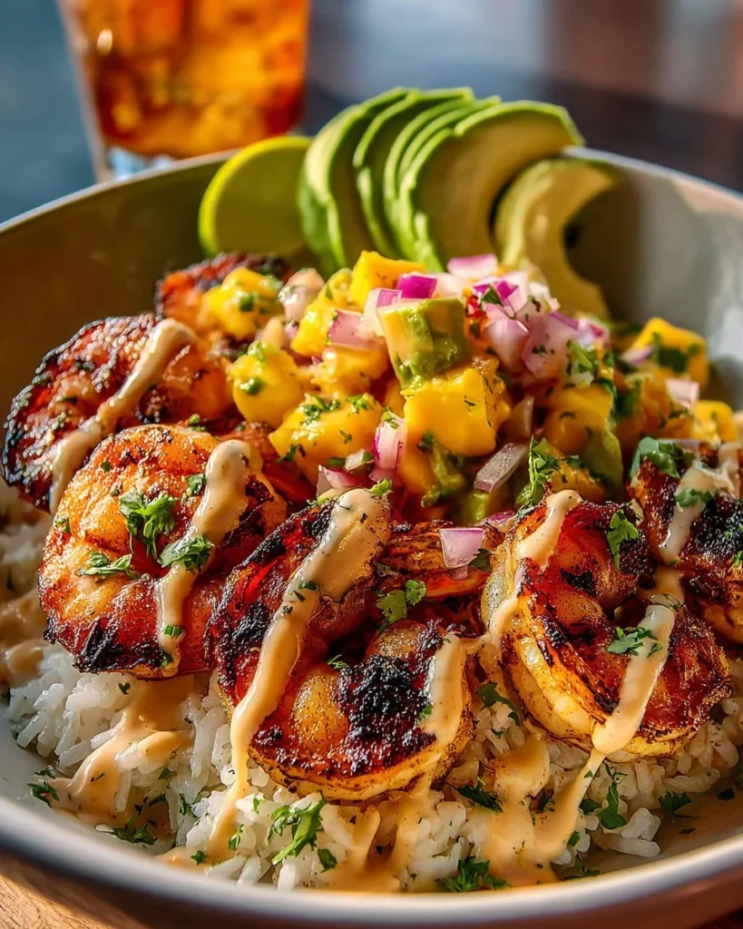Colorful shrimp avocado bowl with mango salsa