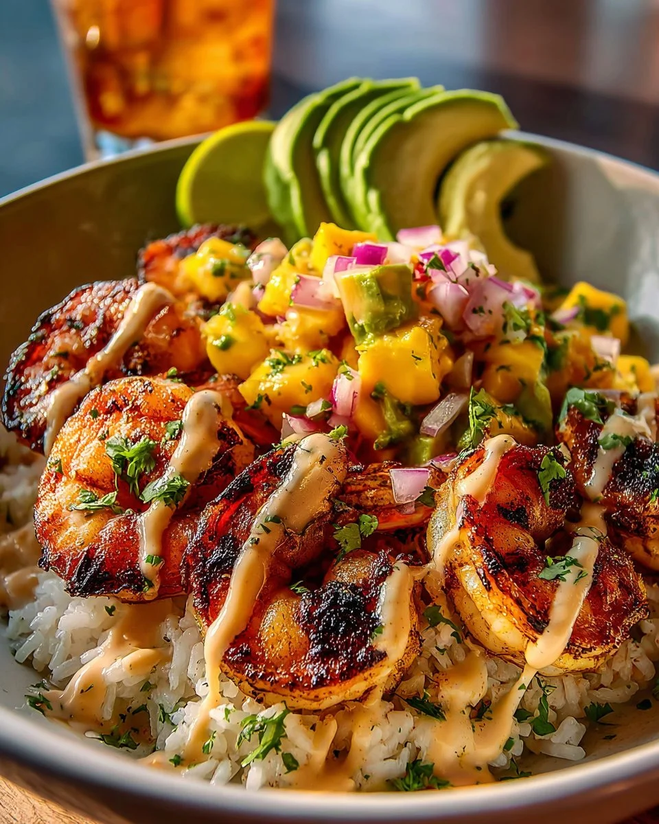 Colorful shrimp avocado bowl with mango salsa