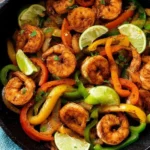 Plate of shrimp fajitas served with peppers and onions