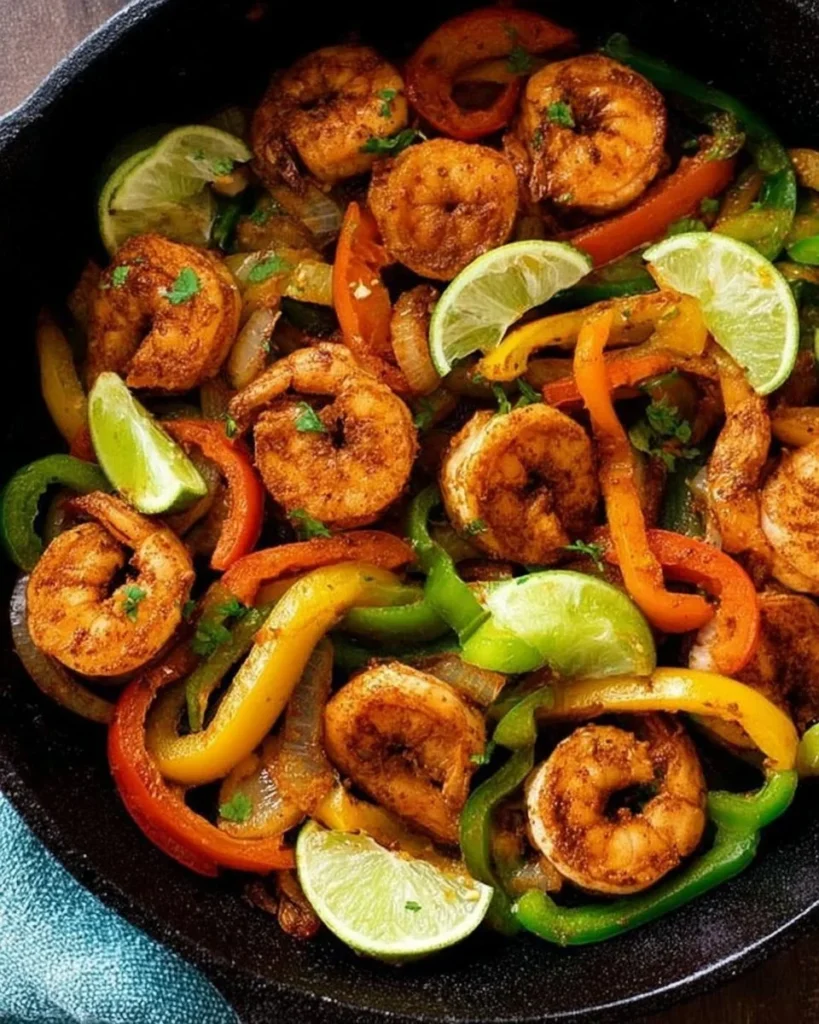 Plate of shrimp fajitas served with peppers and onions