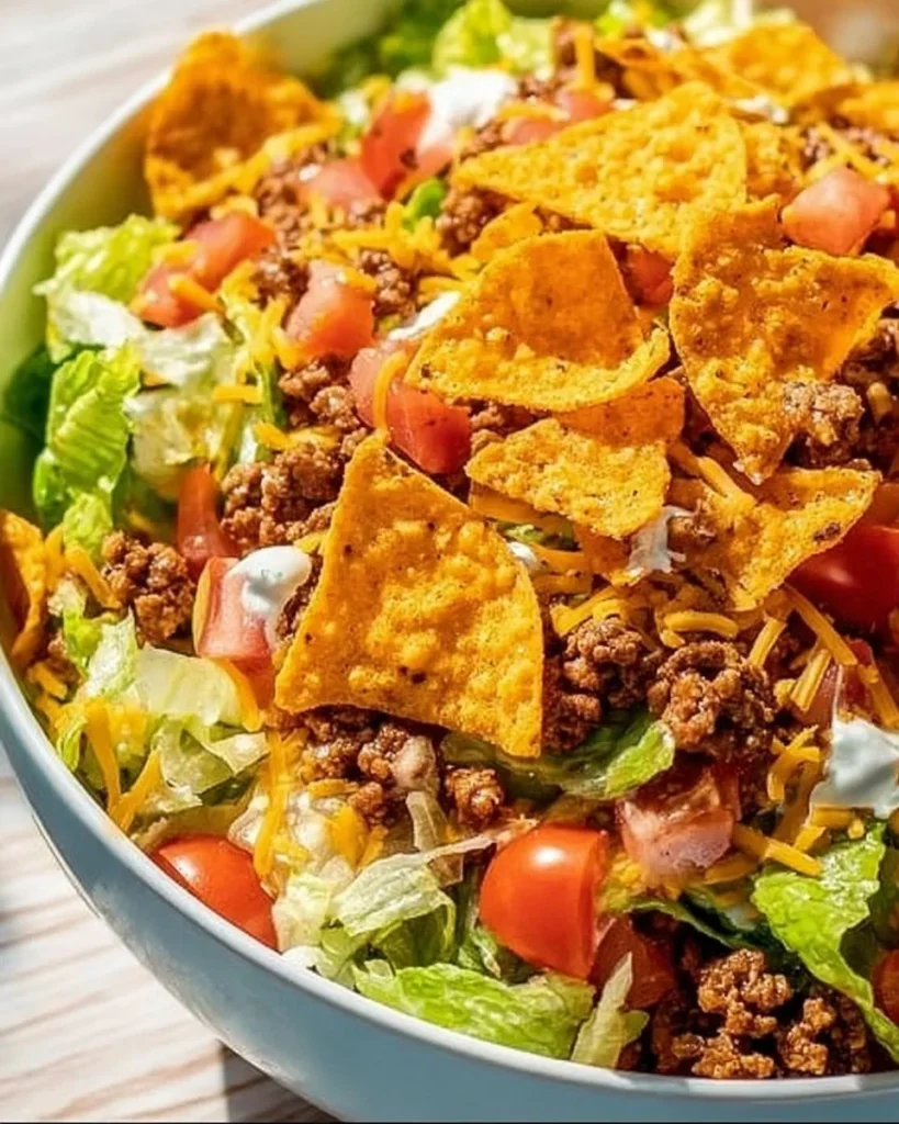 A colorful serving of Simple Doritos Taco Salad topped with crunchy Doritos.