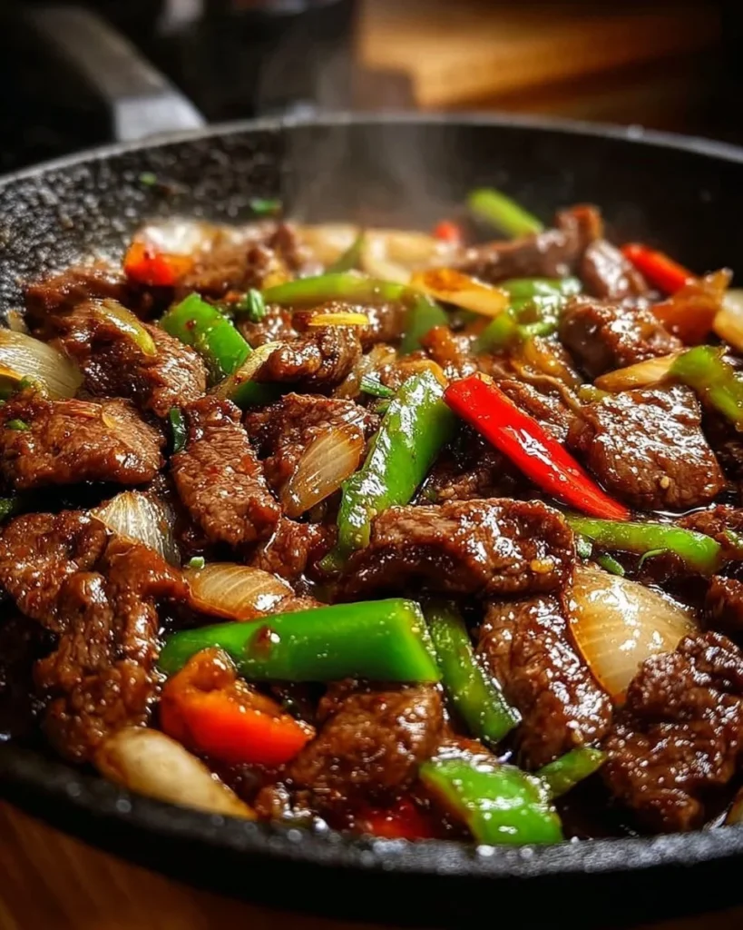 Sizzling Chinese pepper steak dish with onions served in a bowl