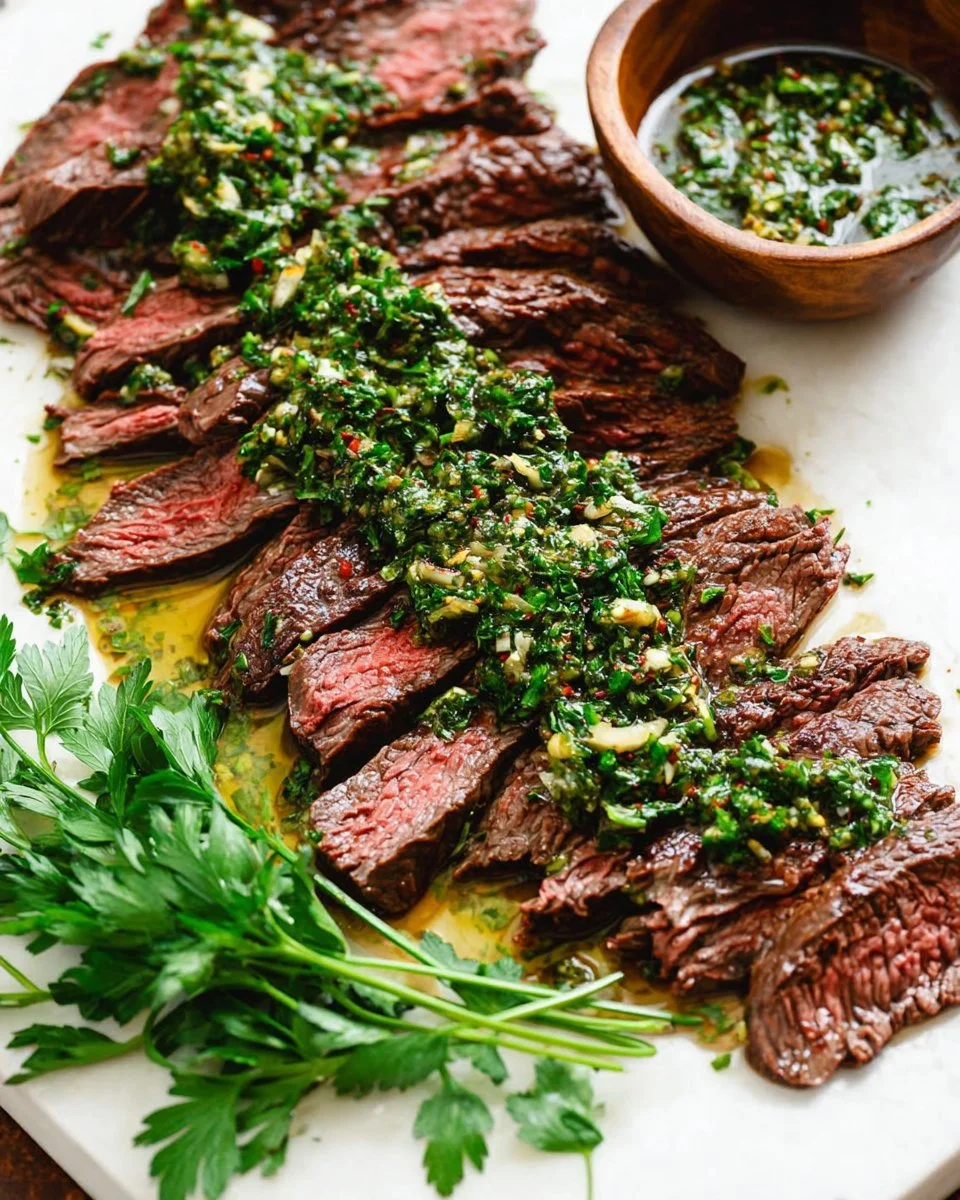 Delicious grilled skirt steak served with homemade chimichurri sauce.