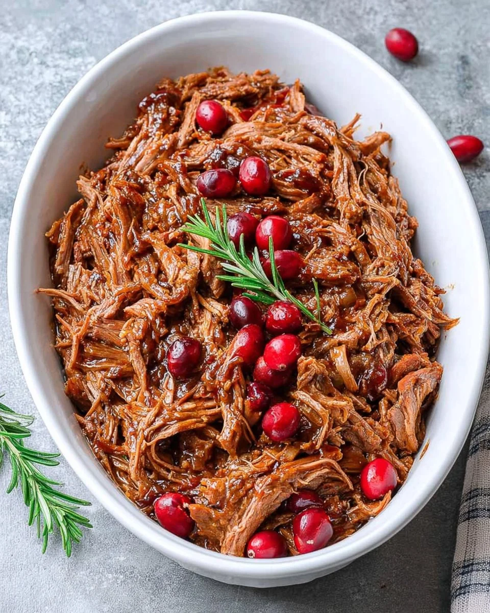 Delicious slow cooker beef brisket served on a platter with herbs