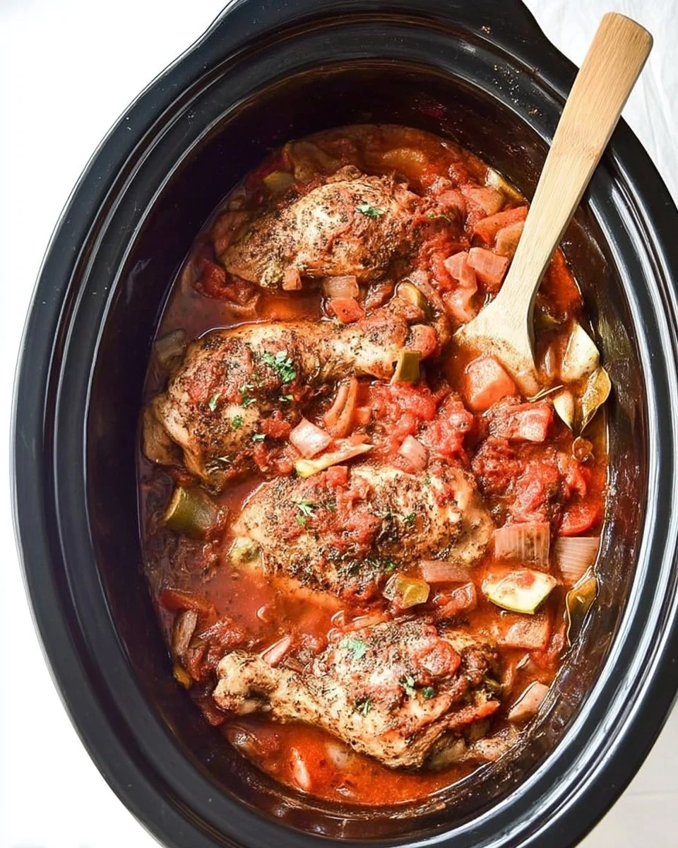 Delicious Slow Cooker Chicken Cacciatore served in a bowl with fresh herbs