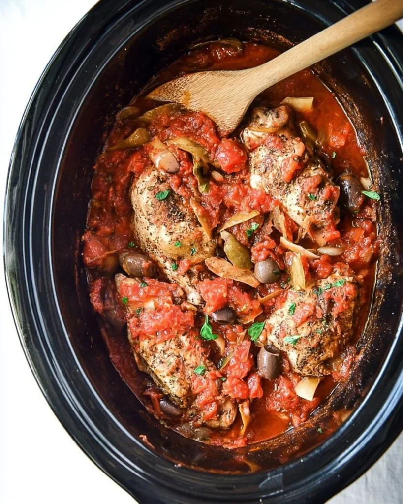 Delicious slow cooker chicken cacciatore with vegetables and herbs