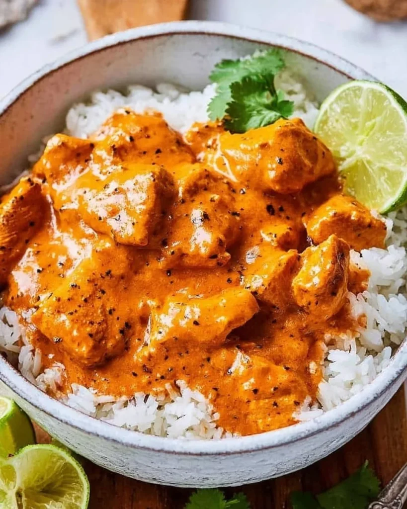 Creamy slow cooker chicken curry served in a bowl with fresh herbs