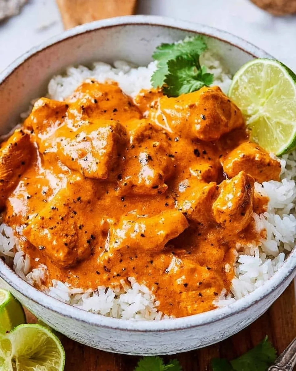 Creamy slow cooker chicken curry served in a bowl with fresh herbs