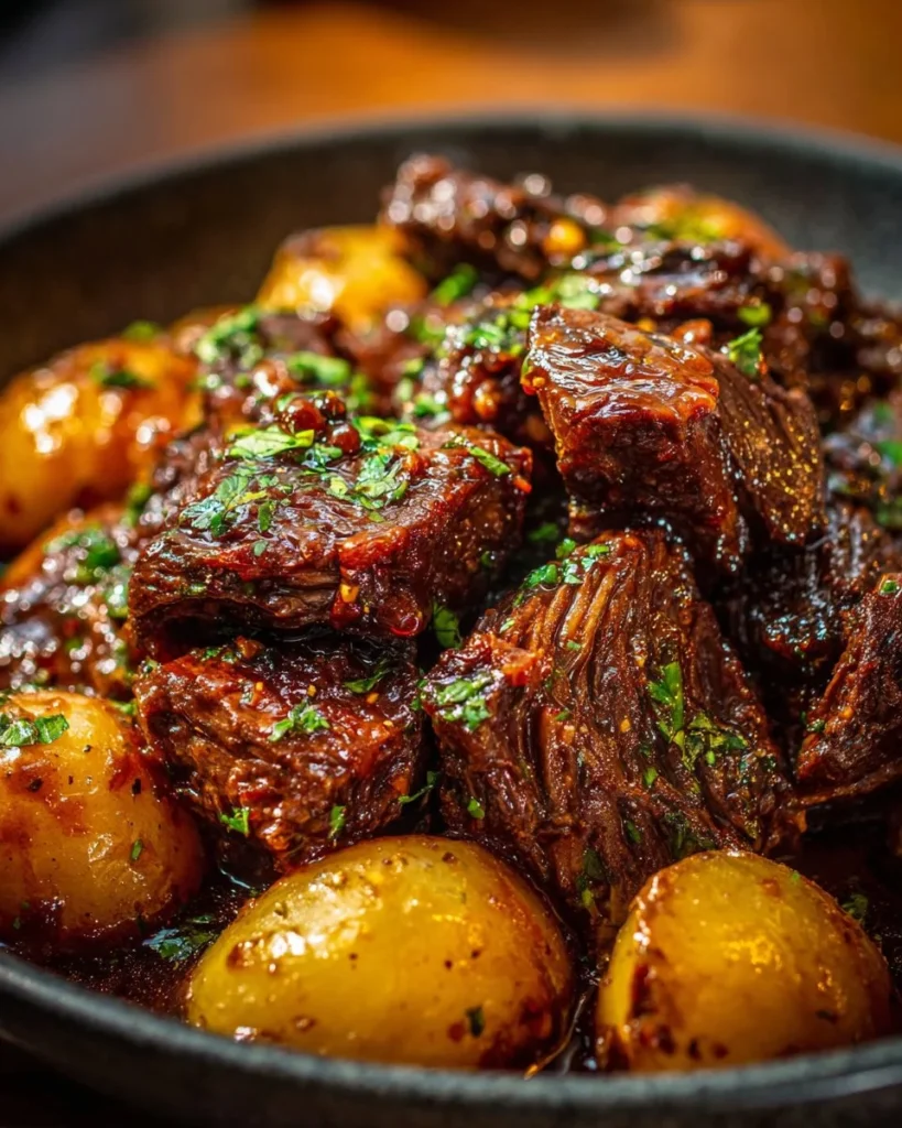 Slow cooker garlic butter beef with tender potatoes