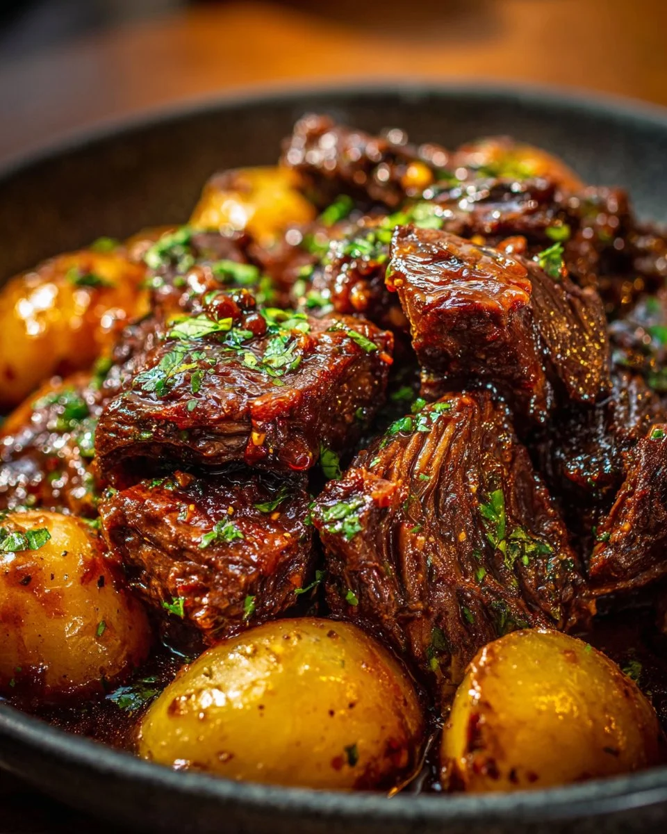 Slow cooker garlic butter beef with tender potatoes