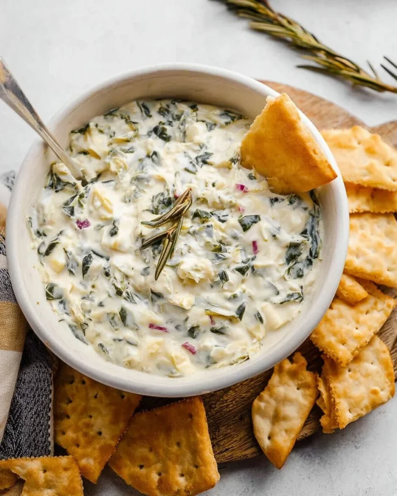 Healthy slow cooker spinach artichoke dip served in a bowl with tortilla chips