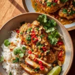 Slow Cooker Thai Peanut Chicken dish garnished with fresh herbs