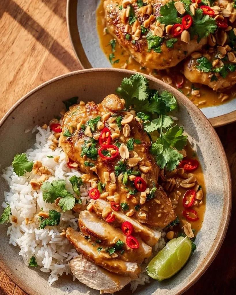 Slow Cooker Thai Peanut Chicken dish garnished with fresh herbs