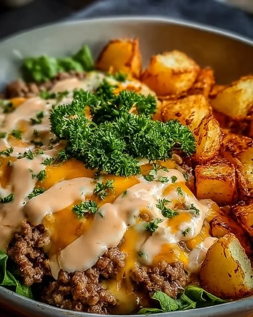 Smash Burger Bowl topped with fresh ingredients and sauces