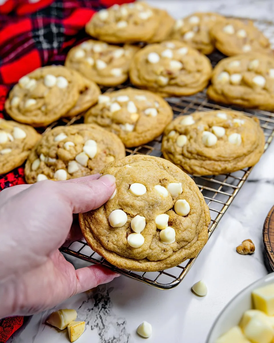 Soft banana pudding cookies with white chocolate chips on a plate