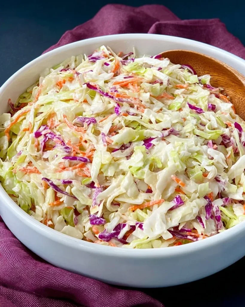 Bowl of creamy Southern coleslaw recipe with fresh cabbage and dressing