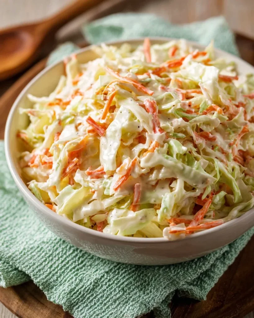 Bowl of Southern creamy coleslaw garnished with fresh herbs and vegetables
