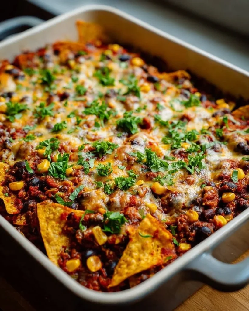 Savory Southwestern black bean casserole topped with cheese and fresh ingredients.