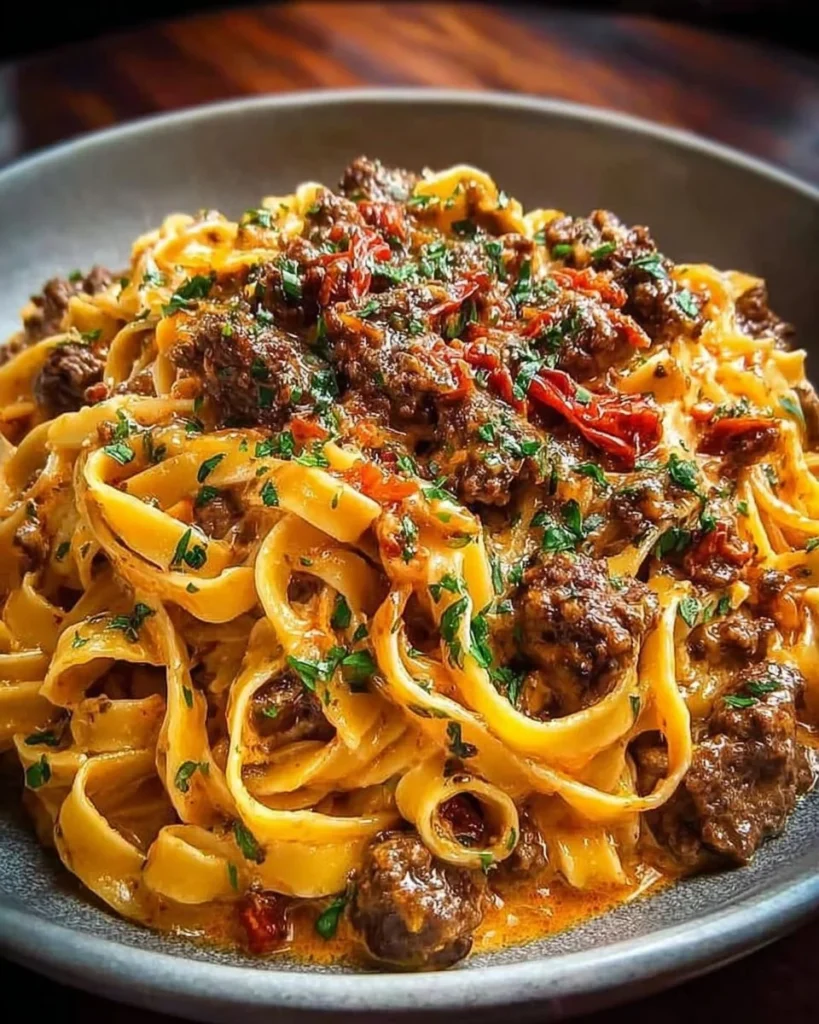 Plate of Spicy Garlic Beef Fettuccine in Provolone Sauce garnished with parsley