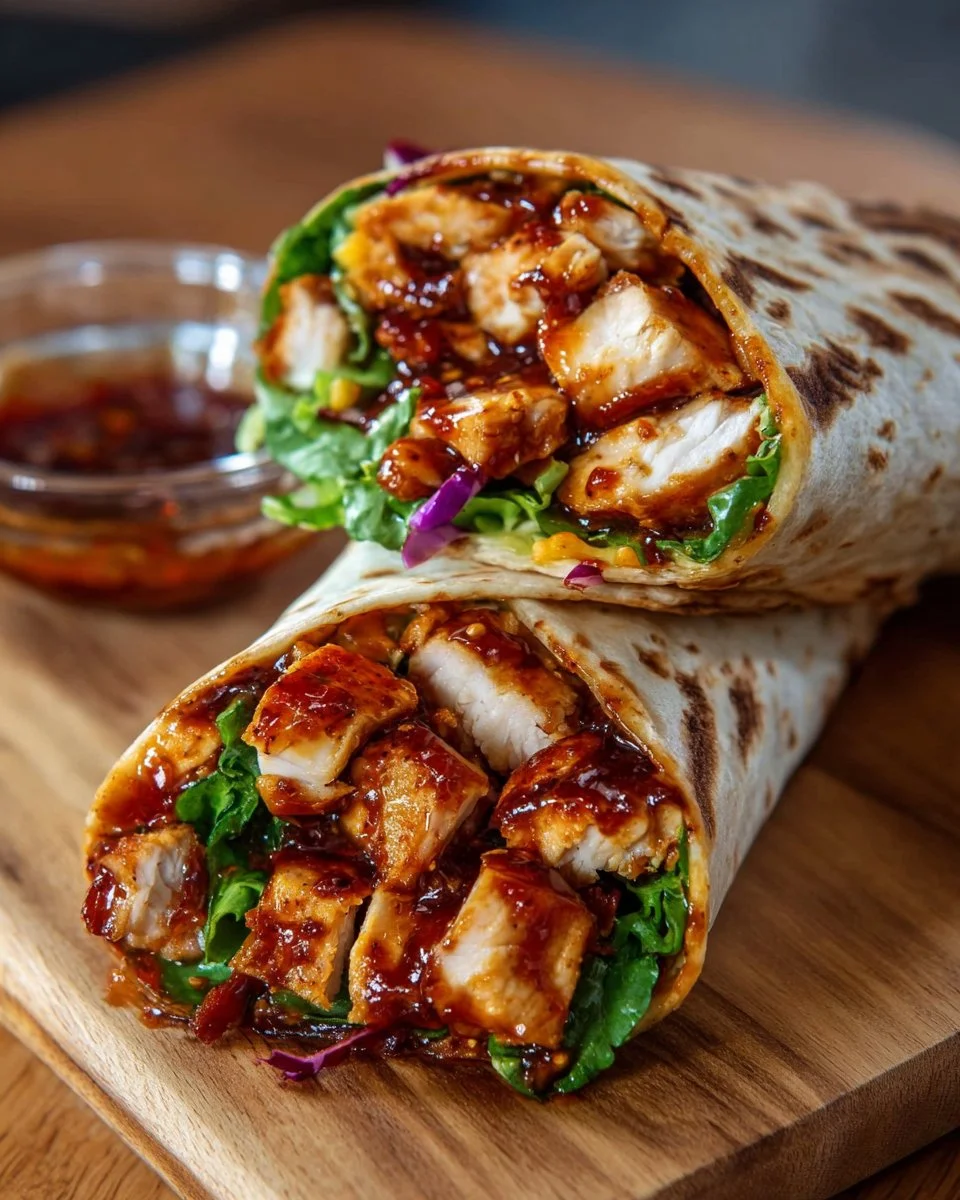 Spicy honey BBQ chicken wraps served on a plate with fresh ingredients