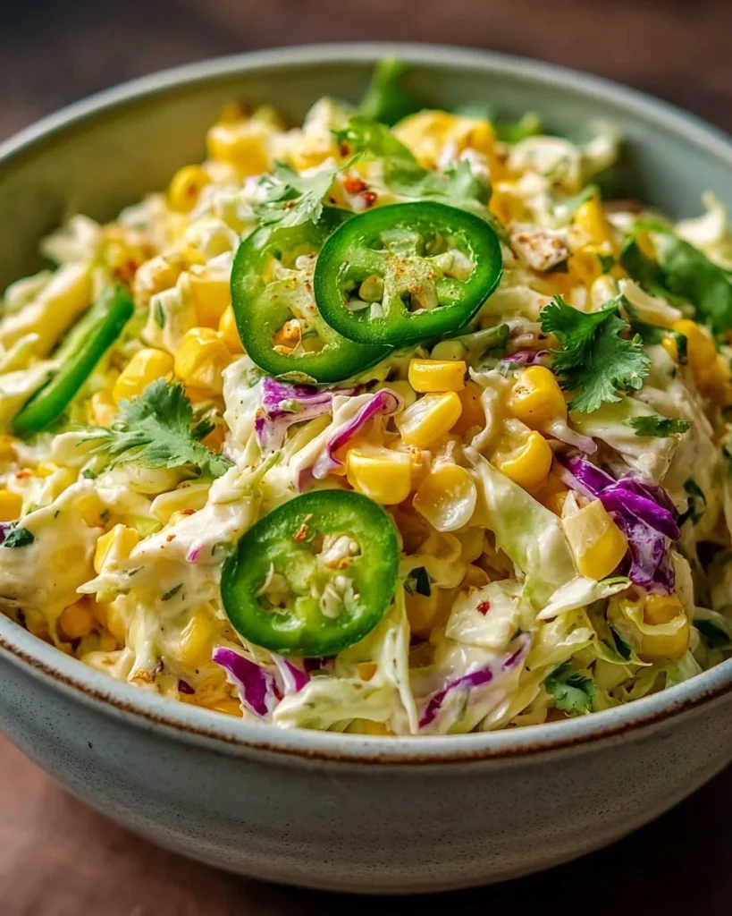 Bowl of spicy jalapeno corn coleslaw, a perfect summer BBQ side dish