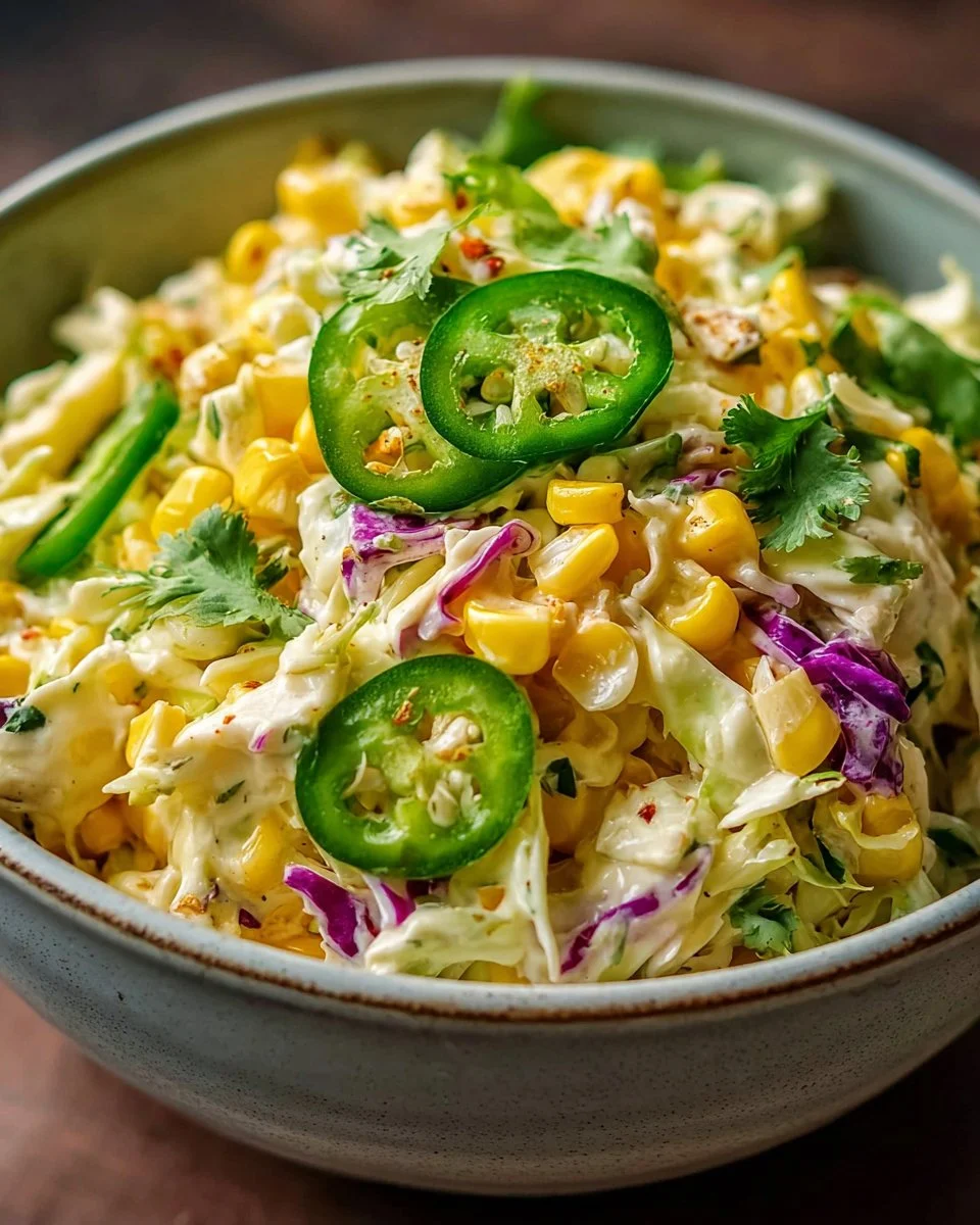 Bowl of spicy jalapeno corn coleslaw, a perfect summer BBQ side dish