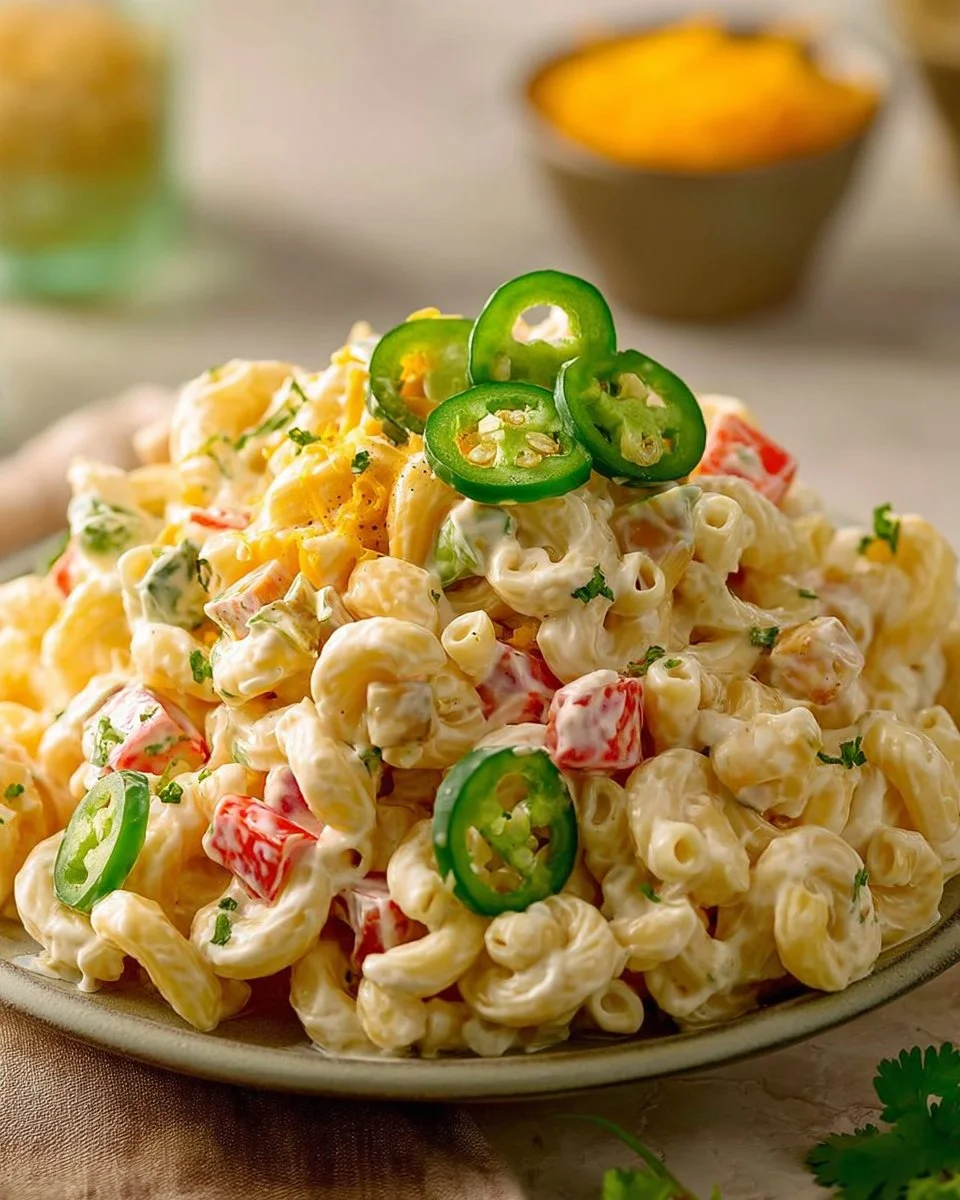 Delicious Spicy Jalapeño Macaroni Salad in a bowl with fresh ingredients