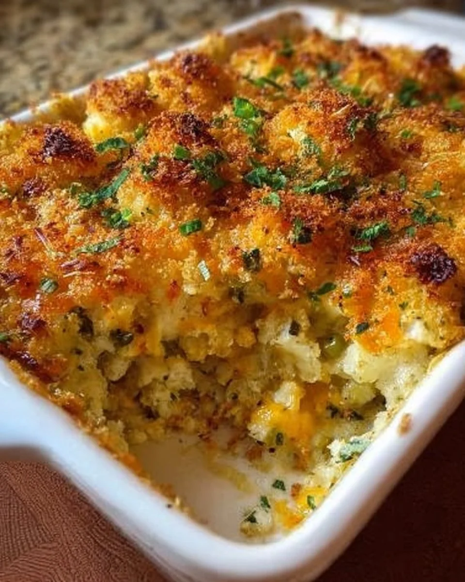 Spicy jalapeno popper cauliflower casserole served in a dish.