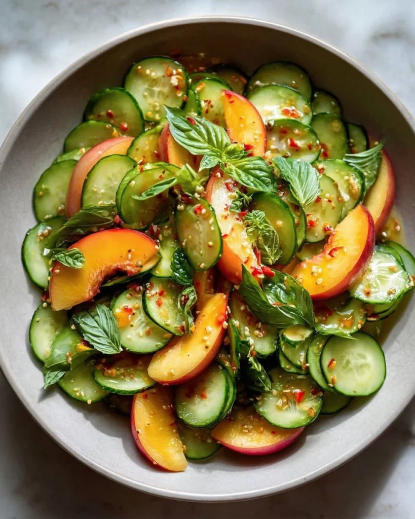 Bowl of spicy Peach Cucumber Salad with vibrant colors and fresh ingredients.
