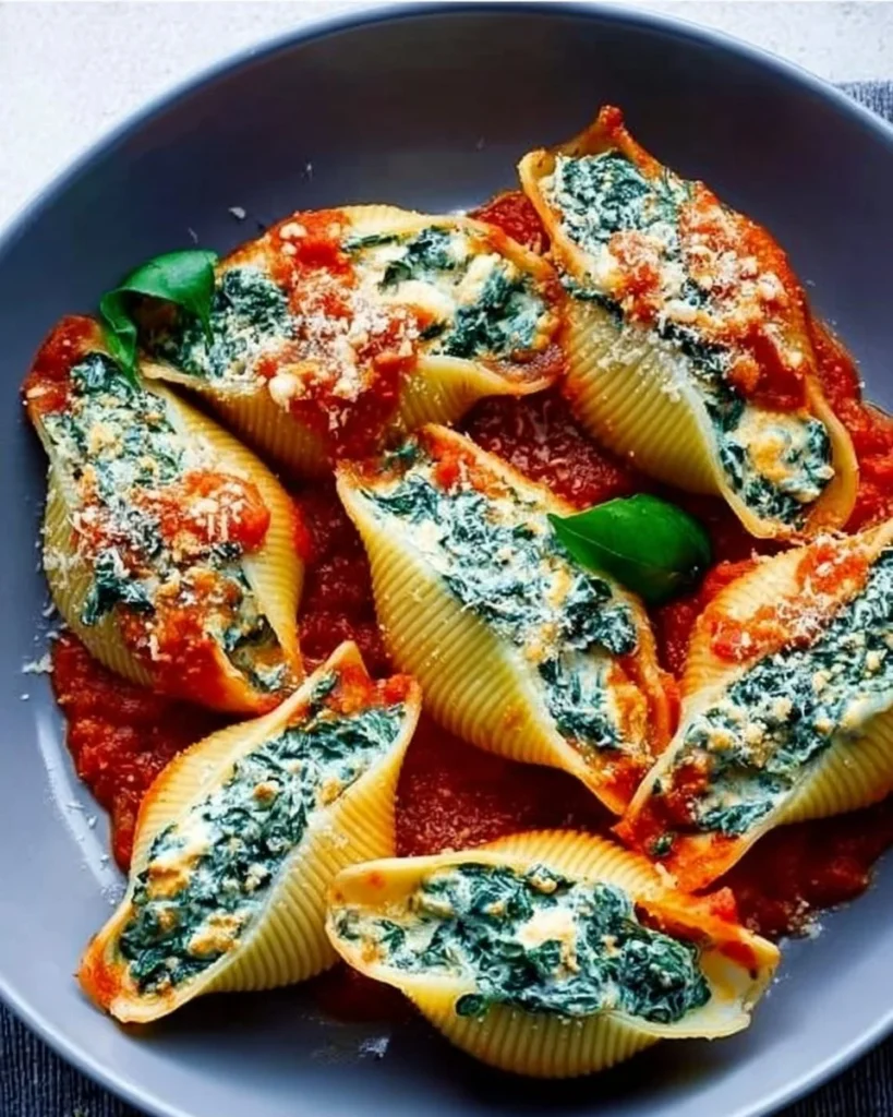 Baked spinach and ricotta stuffed shells topped with marinara sauce and cheese.