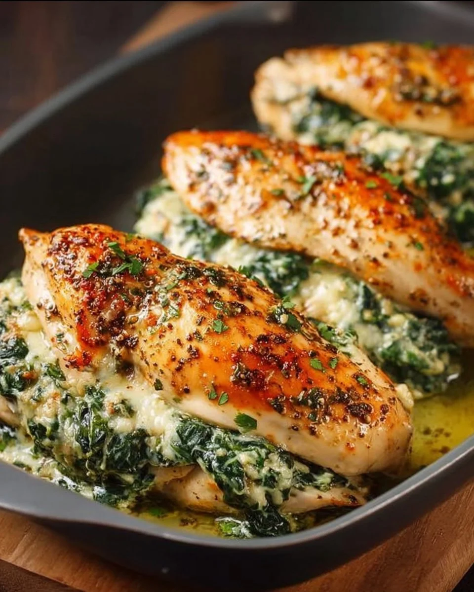 Delicious spinach stuffed chicken breasts ready to be served