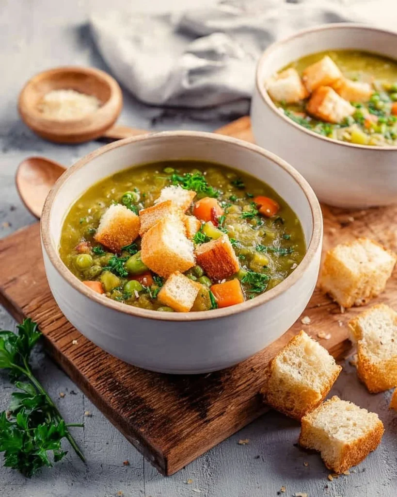 Bowl of homemade split pea soup garnished with herbs and served with bread.