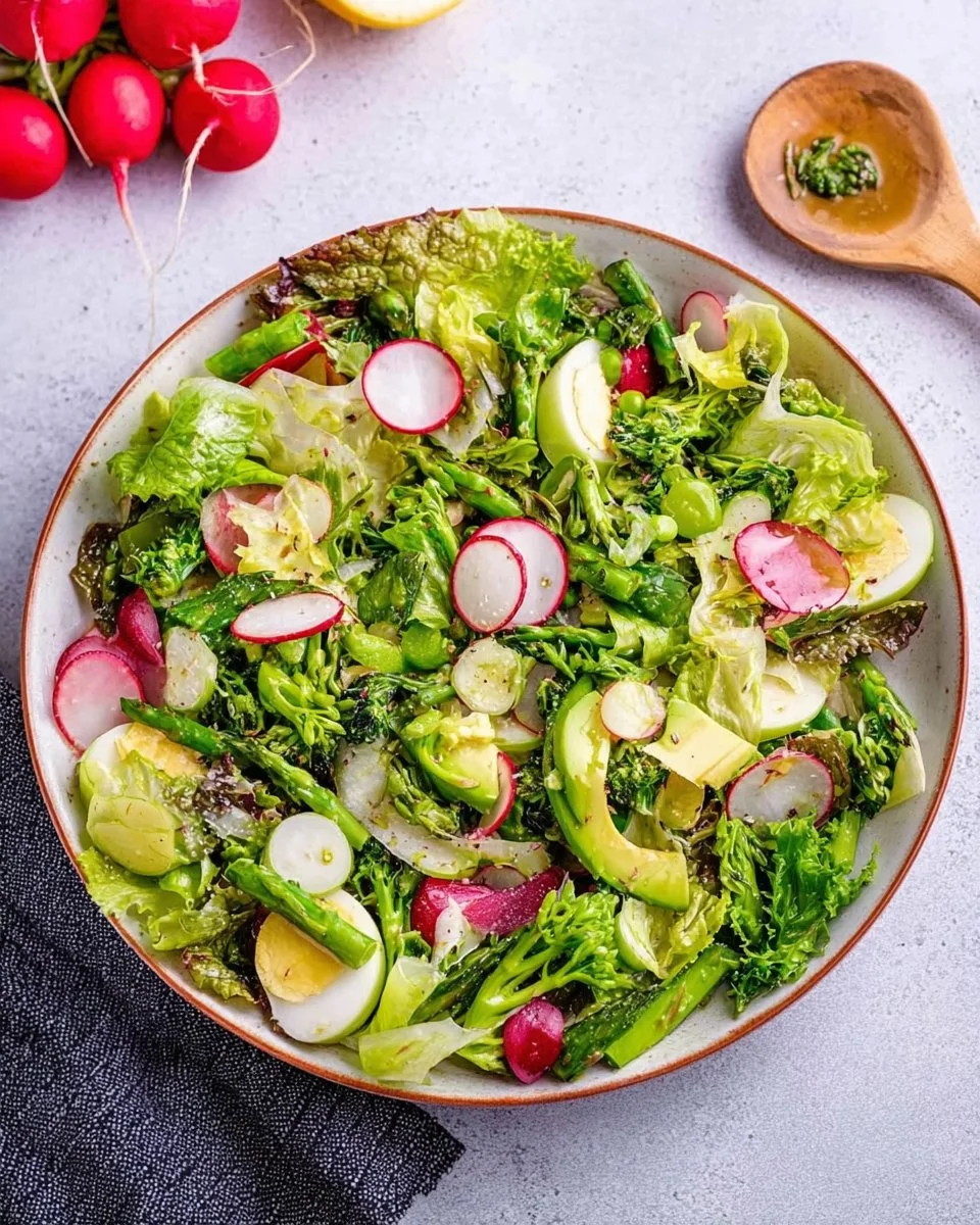 Freshly prepared Spring Mix Salad with a variety of greens and colorful vegetables.