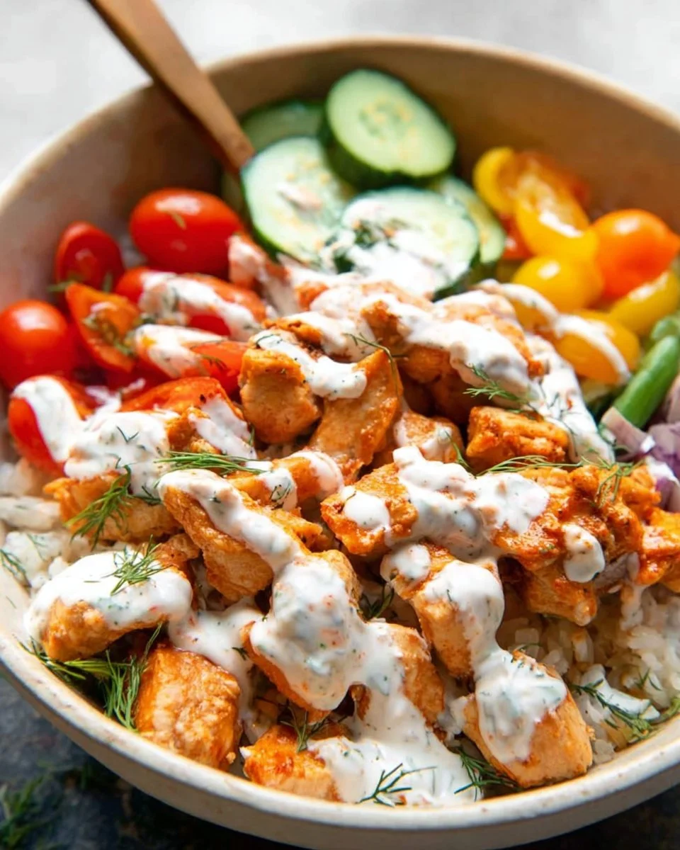 Sriracha Ranch Chicken Bowl topped with fresh ingredients and spicy sauce.