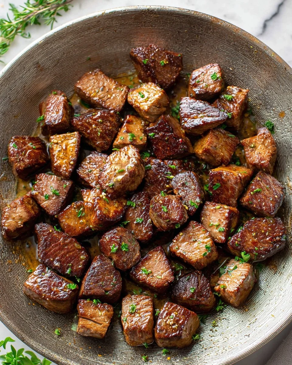 Delicious steak bites cooked to perfection on a platter