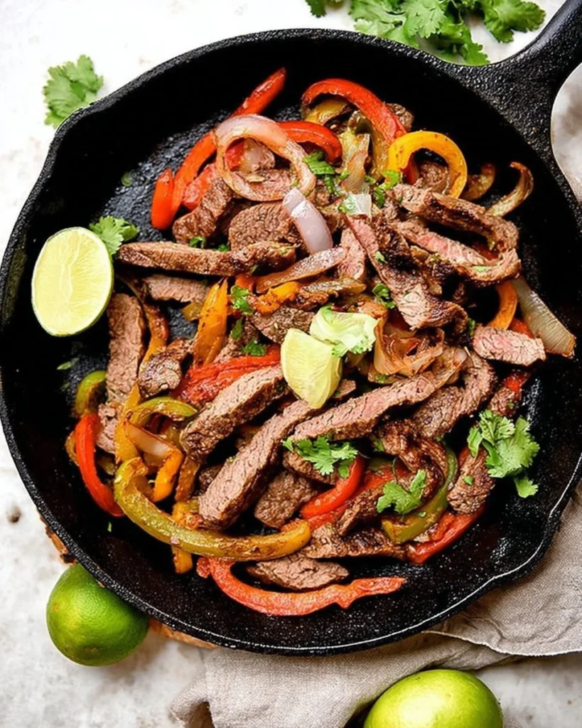 Delicious steak fajitas served with peppers and onions on a plate